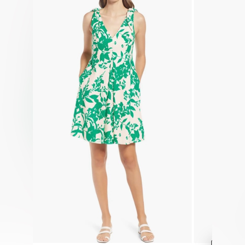 Eliza J Green Floral Sleeveless Linen Blend Sun Dress Pockets